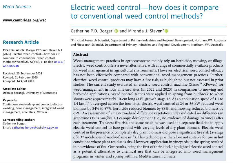 Can electric weed control match herbicide performance?

We put it to the test:
⚡ Electric: 84–87% biomass reduction
🧪 Herbicide: 88%
🐑 Grazing/mowing: 65%
Promising results—but with important seasonal limits🔥

Would you try it? Check the study here: doi.org/10.1017/wsc.20…