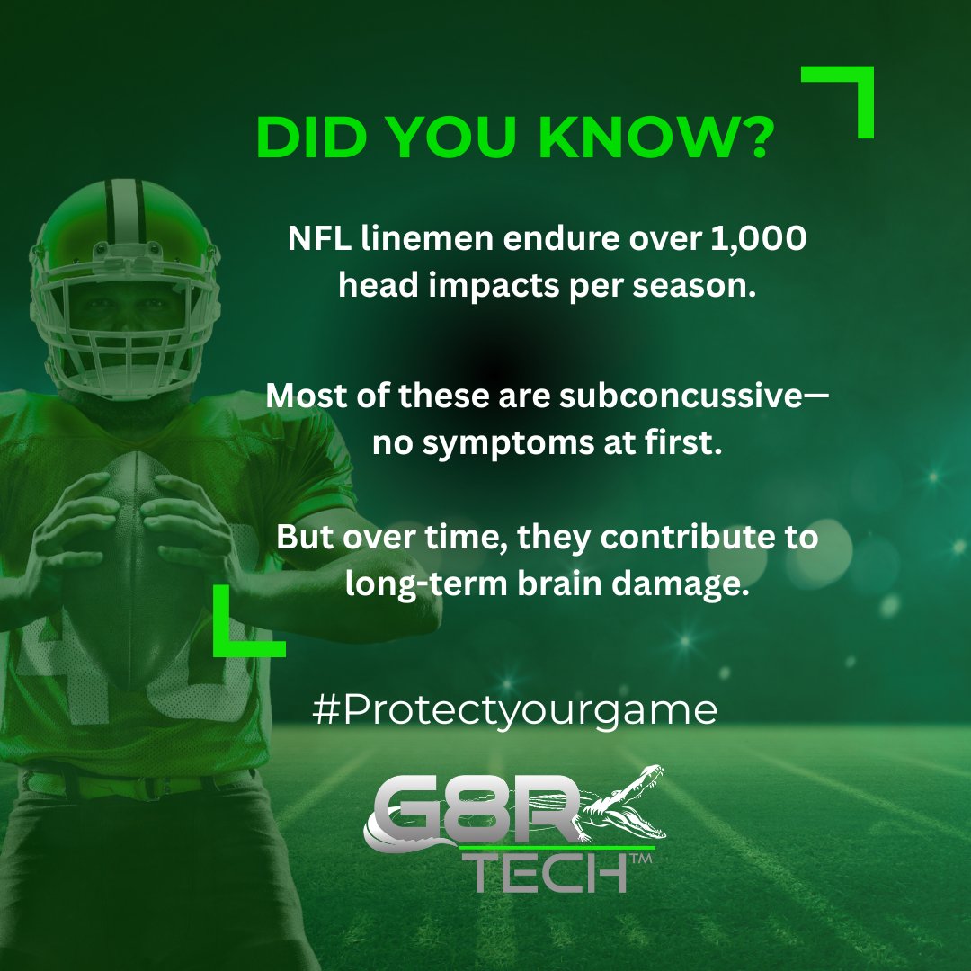NFL linemen can take over 1,000 head impacts per season, often without a single diagnosed concussion.

Boston University Study found CTE in 91% of former NFL players studied.

G8RSkin is helping change the game- Now available at <a href="/DICKS/">DICK'S Sporting Goods</a> 

Shop now at tinyurl.com/G8RTech