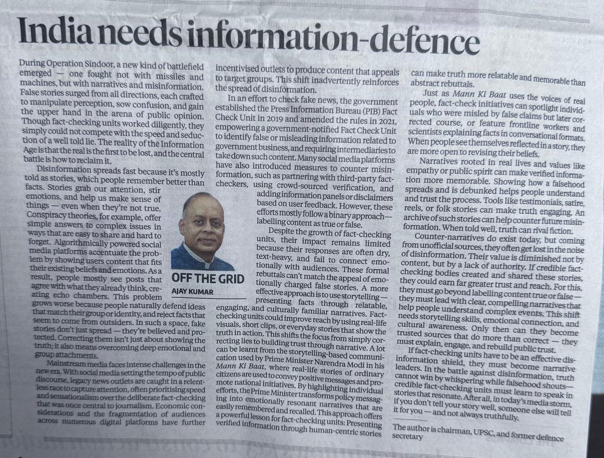 In today’s battles disinformation spreads faster than facts, riding on power of compelling stories. My article in Business Standard 13.6.2025,“India needs information-defence”,  explores why truth needs better storytelling to survive &amp; be heard.  
Online  business-standard.com/opinion/column…