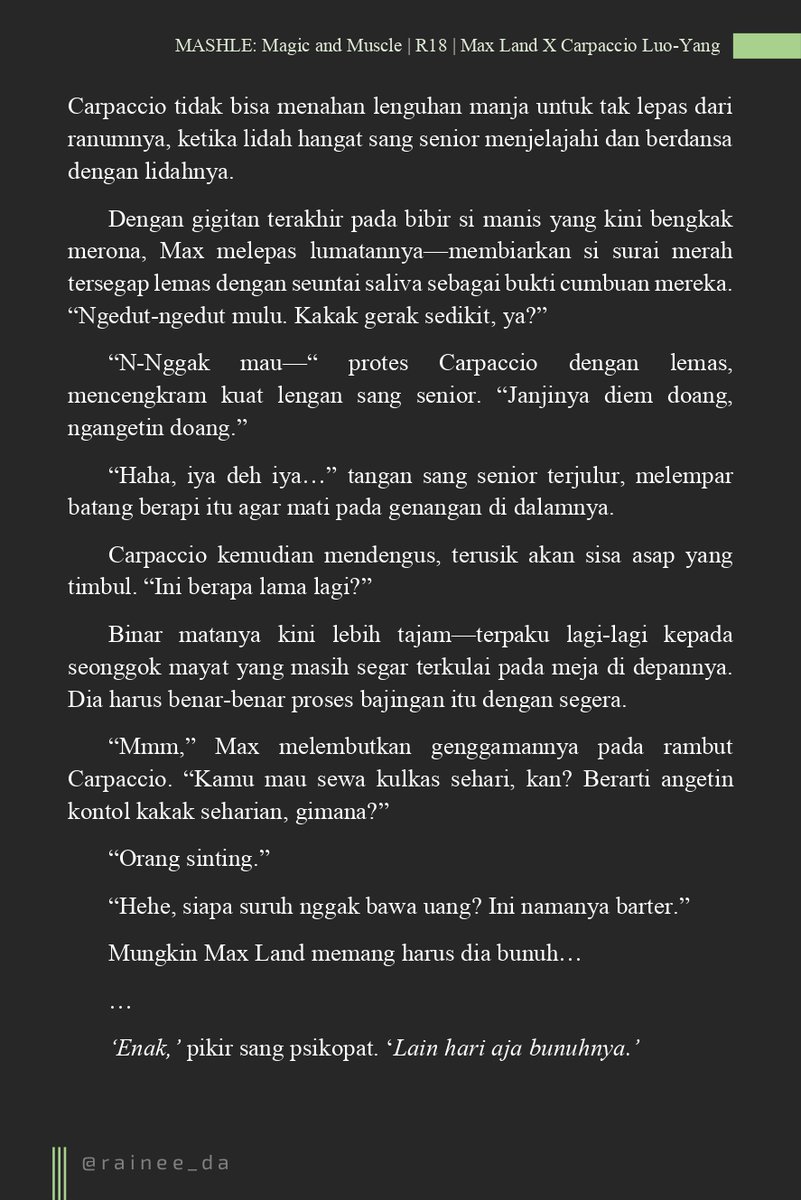 rainee_da's tweet photo. #maxcio/#maxcarpa narasi ff ๐ ๐ซ๐๐ง๐ญ๐๐ ๐ก๐จ๐ฅ๐ (criminal AU)
mashle bxb fanfic | Max Land ร Carpaccio Luo-Yang
โโ๐๐ฆ๐ธ๐ข ๐ฌ๐ถ๐ญ๐ฌ๐ข๐ด ๐ด๐ฆ๐ฉ๐ข๐ณ๐ช, ๐ฏ๐จ๐จ๐ข๐ฌ ๐ฃ๐ข๐ธ๐ข ๐ถ๐ข๐ฏ๐จ."โ https://t.co/qsh6CSoDbJ