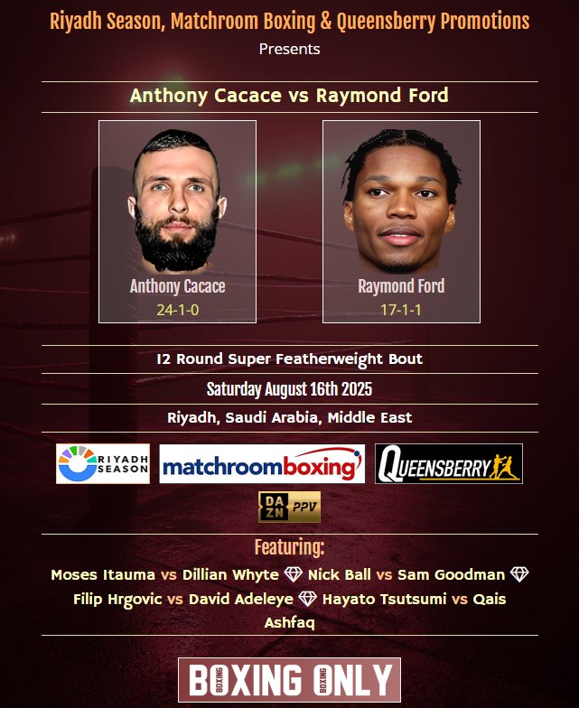 🥊Anthony Cacace vs Raymond Ford
🏆12 Round Super Featherweight Bout
📅Saturday August 16th
🏟️Riyadh 🇸🇦
📢Riyadh Season, Matchroom Boxing &amp; Queensberry Promotions
📺DAZN PPV
🔗boxingonly.net/boxing/anthony…

#CacaceFord #Boxing #BoxingNews #BoxingOnly5 #SaudiBoxing