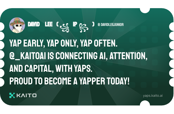 Yap early, yap only, yap often.

<a href="/KaitoAI/">Kaito AI 🌊</a> is connecting AI, attention and capital with Yaps.

Just claimed my social card and I'm accumulating Yap points in real-time.

Claim yours 👉 yaps.kaito.ai/referral/14575…