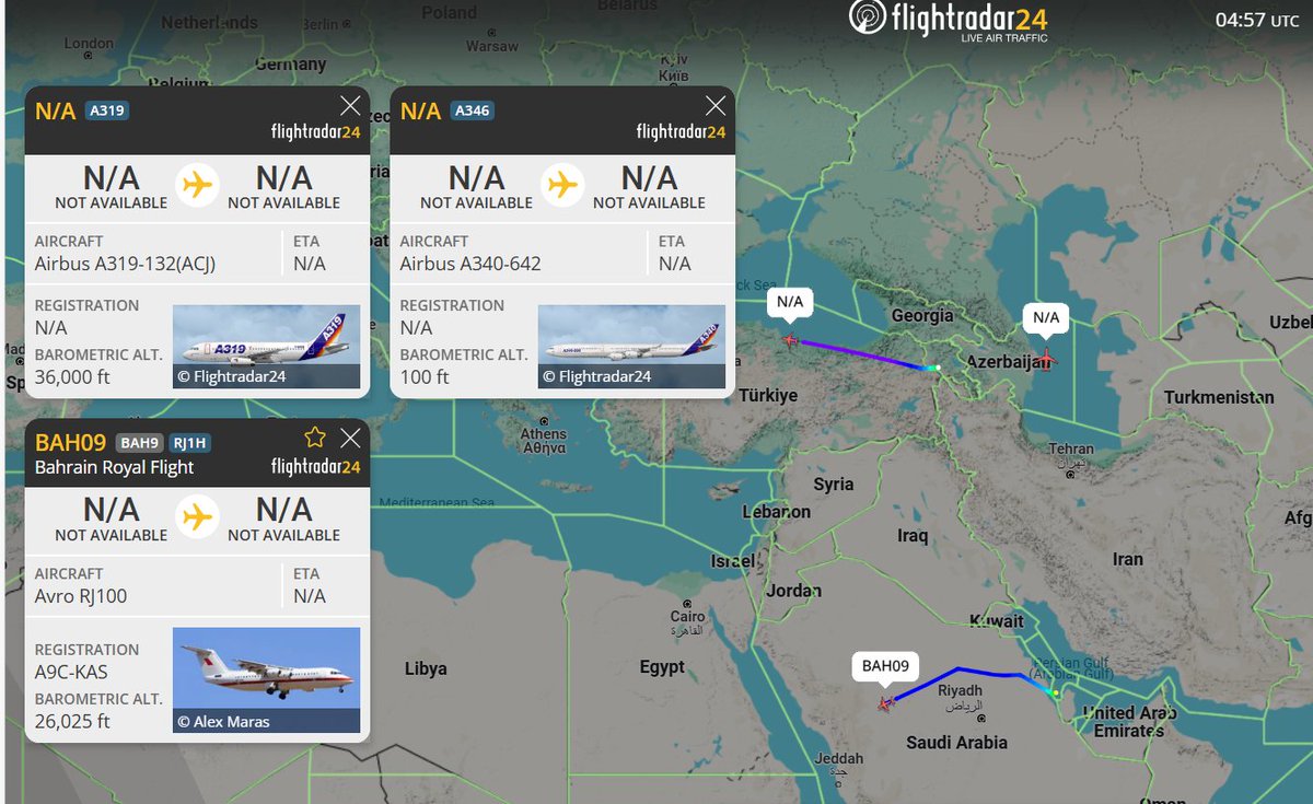 vcdgf555's tweet photo. Regional heads of state aircraft on the move around the Middle East and Caucasus.

🇧🇭 BAH09 is Bahrain Royal Flight Avro RJ100 A9C-KAS #8940B6

🇦🇲 FIE4001 is Armenian Gov't A319-132 (ACJ) 701 #60003C

🇦🇿 AHY002 is Azerbaijani Gov't A340-642 4K-AI08 'Baku 8' #600BC0 https://t.co/kQFeyPvuCo