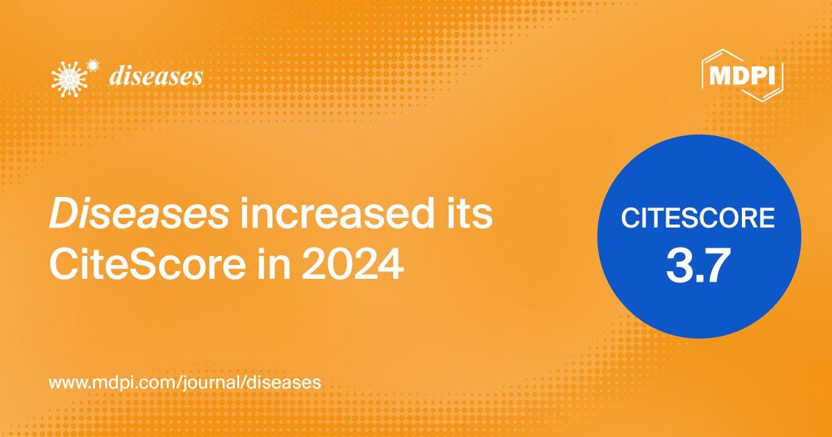 🥳#Diseases_MDPI Received an Increased #CiteScore of 3.7!
🥇Ranking #146/668 (Q1) in General Medicine
👏Huge thanks to our authors, reviewers &amp; editors! 

👉Read more: mdpi.com/journal/diseas…