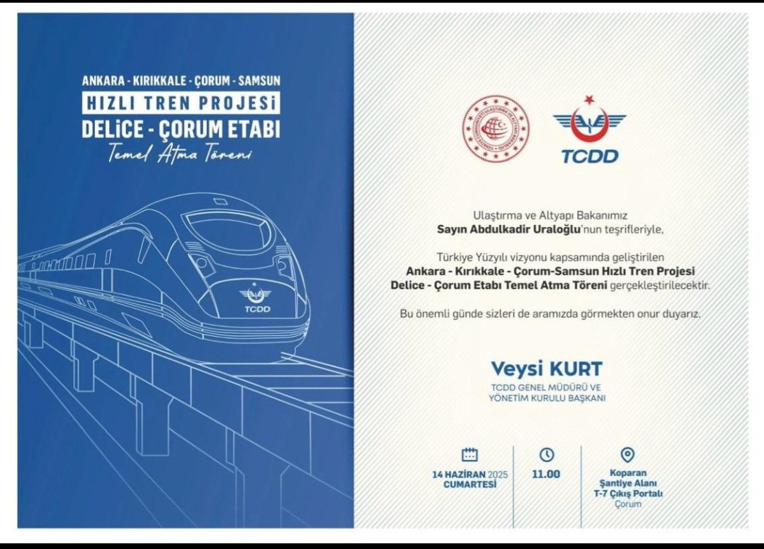 ibrahimcelik_19's tweet photo. Ulaştırma ve Altyapı Bakanımız Sayın Abdulkadir Uraloğlu'nun ve TCDD Genel Müdürümüz Sayın Veysi Kurt'un  teşrifleri ile Çorum'umuzun yıllardır hasreti olan  HIZLI TREN PROJESİ' nin "Delice-Çorum" etabının temel atma törenine tüm hemşehrilerimiz ve dostlarımızı davet ediyoruz. https://t.co/W0oGvxMYQo