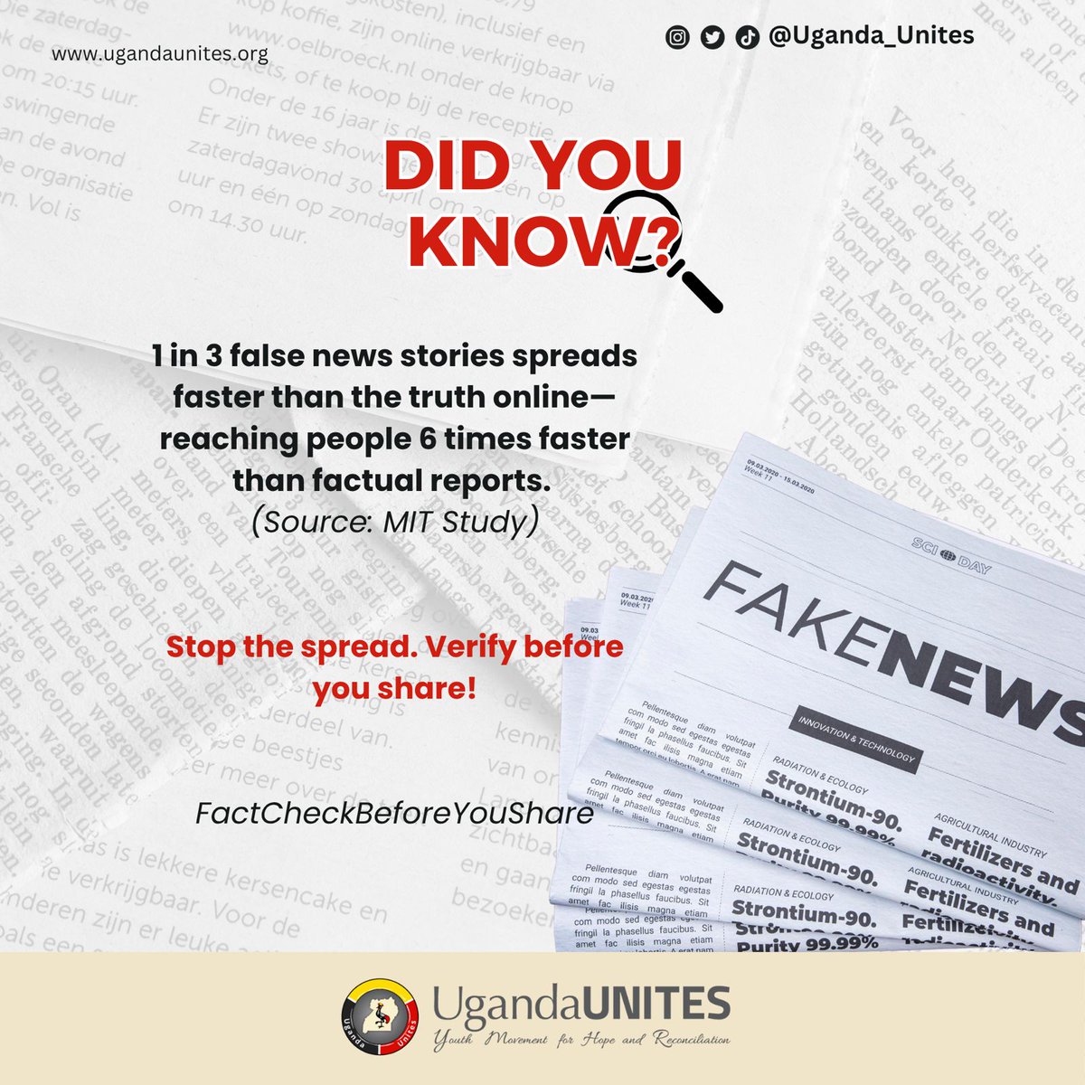 UgandaUnites's tweet image. 🚨 Falsehoods travel fast.
1 in 3 fake news stories spreads 6x faster than the truth online. 📲
(Source: MIT Study)

This isn’t just data—it’s a danger.
Verify before you share. 🛑
#StopTheSpread #ThinkBeforeYouClick #MediaLiteracy