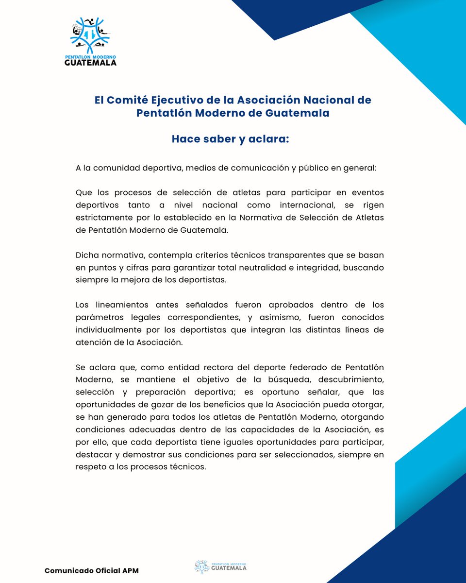ABRO HILO👇#MundialSudafrica La Federación Pentatlón Moderno notificó padres familia que atletas no van participar en Campeonato Mundial Pentatlón que se desarrollará en julio 2025, porque ninguno de los aspirantes pasó marcas que exige normativa selección de atletas.