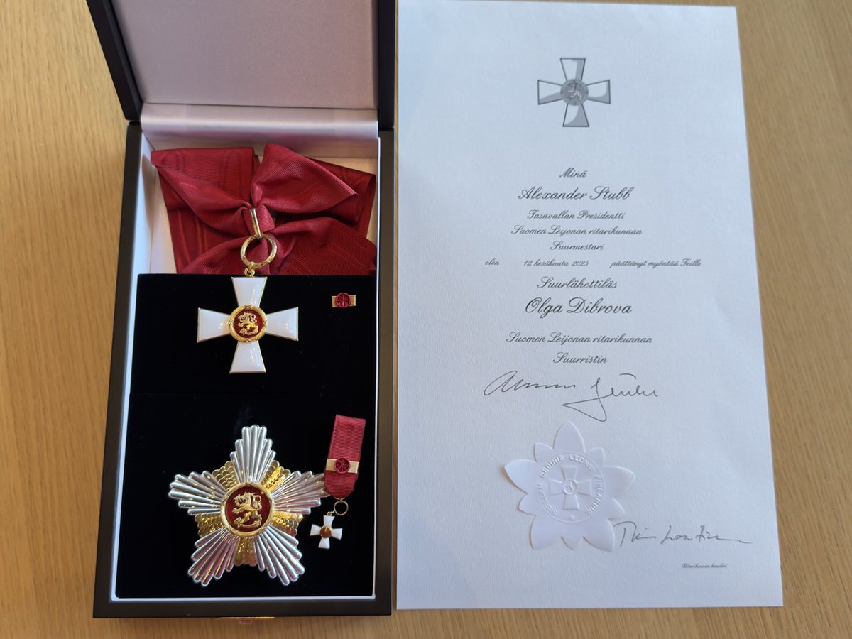 Olga Dibrova 🌻 (@olgadibrova1) on Twitter photo It is a profound honor to be awarded the Grand Cross of the Order of the Lion of Finland by President <a href="/alexstubb/">Alexander Stubb</a>. I extend my sincere gratitude for this distinguished recognition. It goes to my heart.
With unwavering dedication, I will continue to serve both 🇺🇦 & 🇫🇮 It is a profound honor to be awarded the Grand Cross of the Order of the Lion of Finland by President <a href="/alexstubb/">Alexander Stubb</a>. I extend my sincere gratitude for this distinguished recognition. It goes to my heart.
With unwavering dedication, I will continue to serve both 🇺🇦 & 🇫🇮