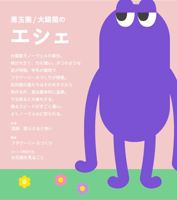 Fibees（ファイビーズ）は、腸内細菌をモチーフにしたキャラクターです👀 

☆★キャラクター紹介★☆ 
【エシェ】
見た目はゴツめな大腸菌。
実は手先が器用で、趣味はフラワーリース作り。
基本的に温厚な性格だが、怒ると大暴れすることも･･･