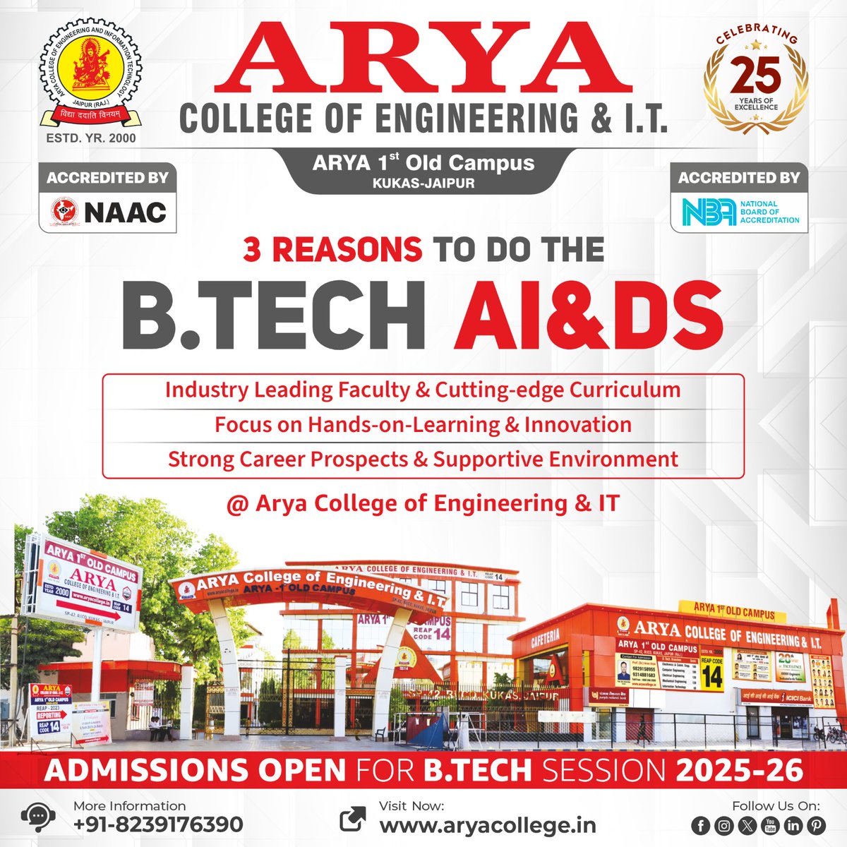 aryacolleges's tweet image. Dreaming of a career in AI &amp;amp; Data Science?
Your journey begins here at #AryaCollege of Engineering &amp;amp; IT, Jaipur!

✅ Industry Leading Faculty &amp;amp; Modern Curriculum
✅ Hands-on Learning &amp;amp; Real-world Projects
✅ Strong Career Prospects with Supportive Campus Life

#BTechAdmissions