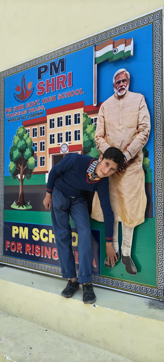 BobSajjad's tweet photo. A student of PM Shri Government High School, Thasgam Drass Kargil Ladakh, is seen touching the feet of Hon’ble Prime Minister Shri Narendra Modi @PMOIndia @narendramodi  ji’s photograph, expressing heartfelt gratitude for Bringing under PM Shri Scheme https://t.co/ysu7DlcbcG