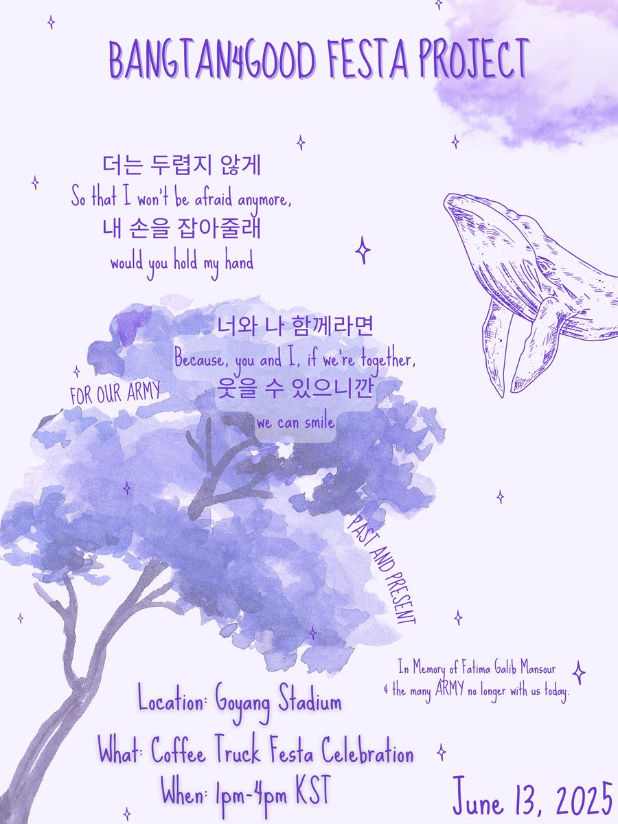 Bangtan4Good's tweet image. Hi ARMY! If youre by Goyang Stadium we sent a Coffee Truck in memory of the many ARMY past &amp;amp; present who are unable to join us, to celebrate Bangtan, our ot7 family reuniting, the end of their enlistment, Hobi's concert, &amp;amp; 2025 Festa. Please check it out! 💜 Happy Festa, ARMY! 💜