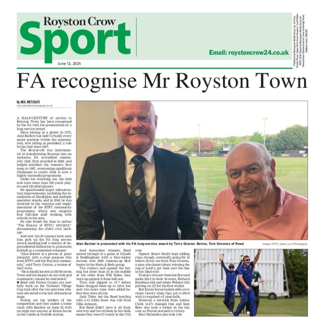 @CrowsRemembered (@rtfcremembered) on Twitter photo Things we love to see: 'One of our Own' <a href="/RoystonTownFC/">Royston Town FC</a> President Alan Barlow being recognised and celebrated in our own <a href="/roystoncrow/">Royston Crow</a> (Front and Back page!). Huge thanks to <a href="/NPMetcalfe/">Neil Metcalfe</a>
#50Years #Commitment #TEAM #Legend Things we love to see: 'One of our Own' <a href="/RoystonTownFC/">Royston Town FC</a> President Alan Barlow being recognised and celebrated in our own <a href="/roystoncrow/">Royston Crow</a> (Front and Back page!). Huge thanks to <a href="/NPMetcalfe/">Neil Metcalfe</a>
#50Years #Commitment #TEAM #Legend