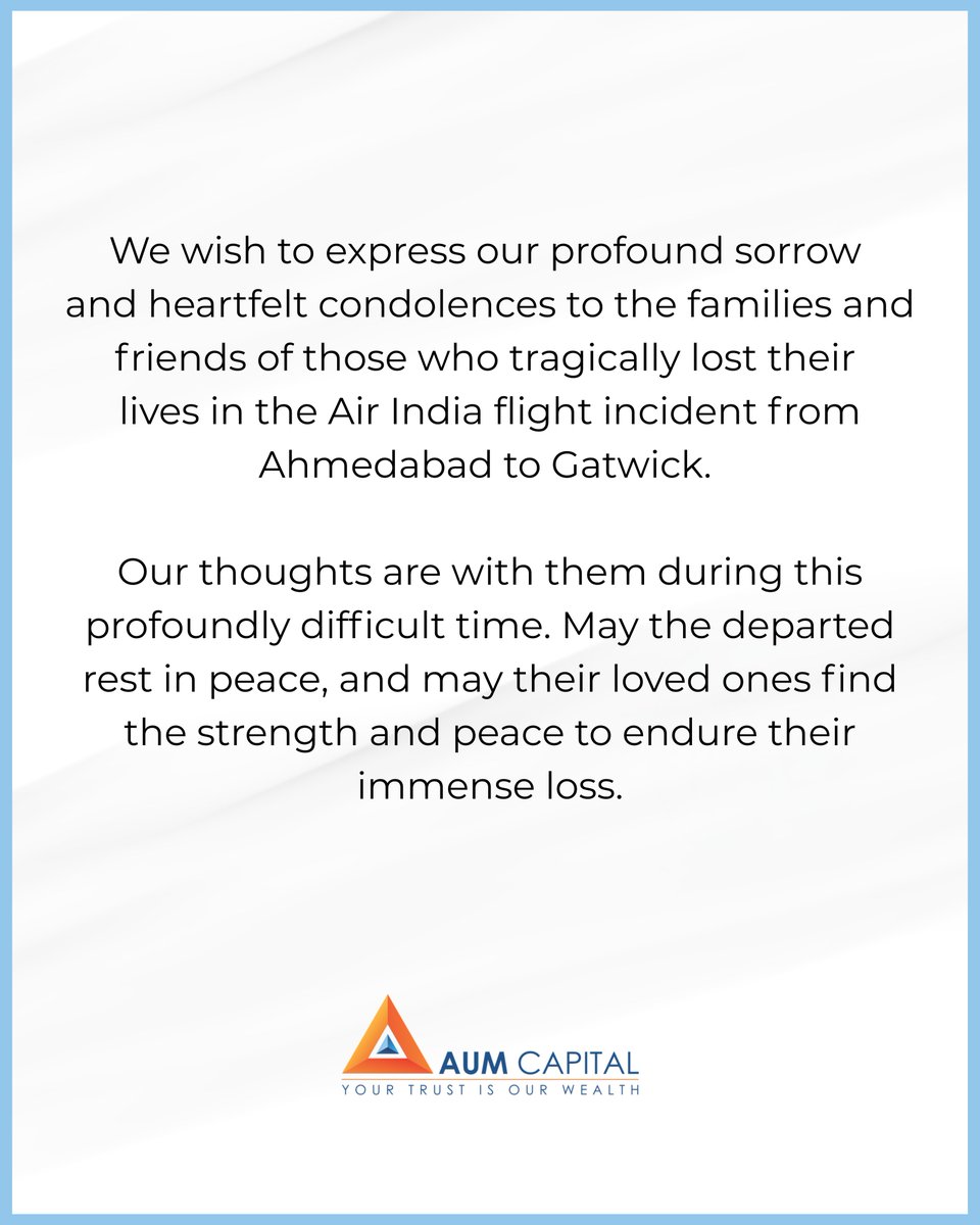 We express our profound sorrow over the tragic Air India flight incident from Ahmedabad to Gatwick.

Our heartfelt condolences go out to the victims, their families, and everyone affected by this tragedy. May the departed souls rest in peace.

#InRemembrance #Condolences
