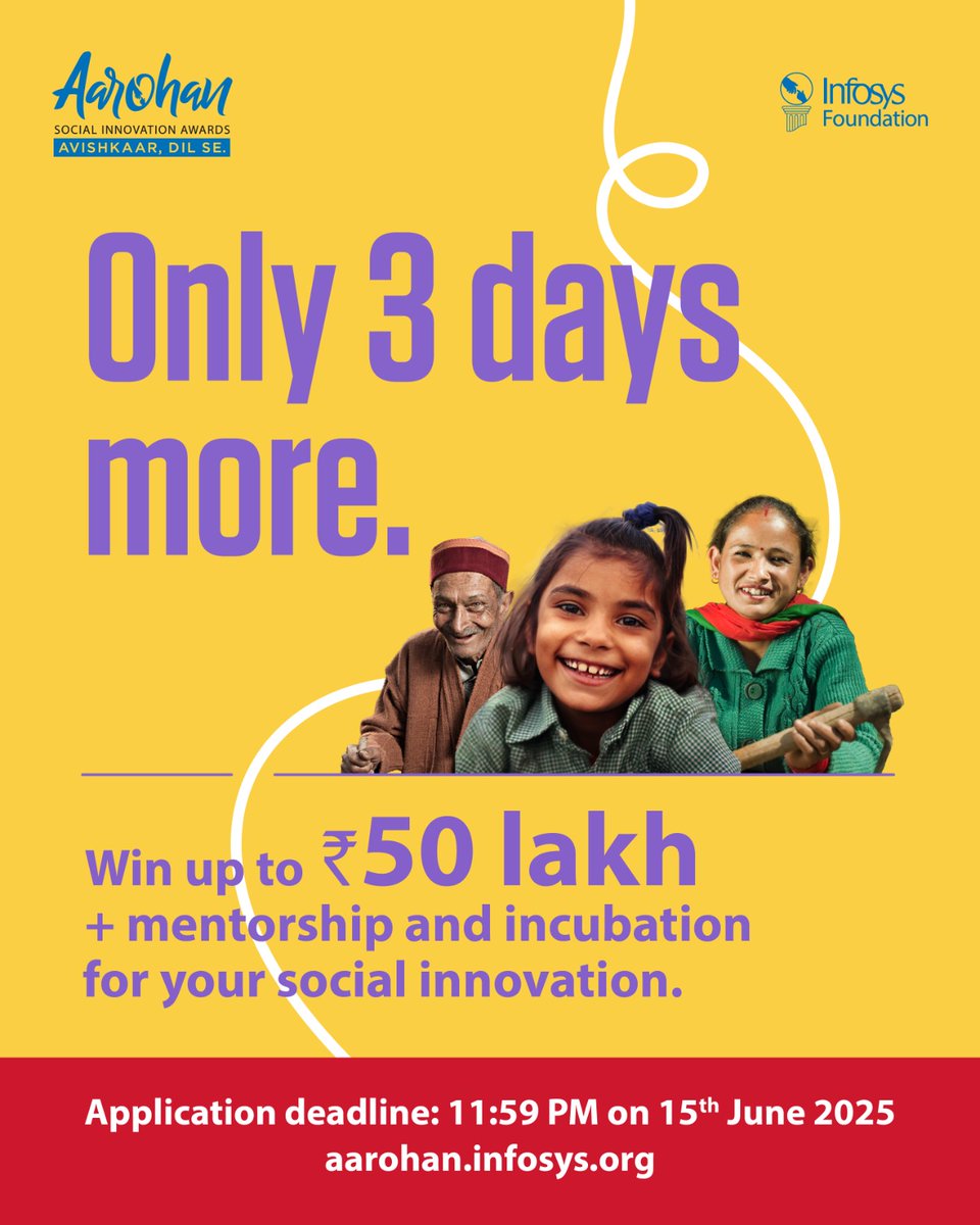 Only 3 more days to submit your application for a chance to win up to Rs 50L + mentorship and incubation. Apply before 15th June 2025. Submit now: infy.com/3ZtDYu5
#InfosysFoundation #SocialInnovation