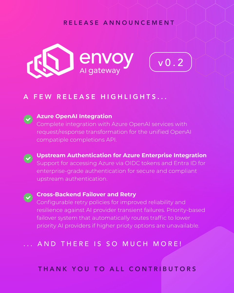 Envoy AI Gateway v0.2 is here!

Check out the full release notes:
aigateway.envoyproxy.io/release-notes/…

What else would you like to see?

Get involved and open an issue with your feature ideas:
tinyurl.com/envoyAIgw

#envoyAIgateway #cncf #cloudnative