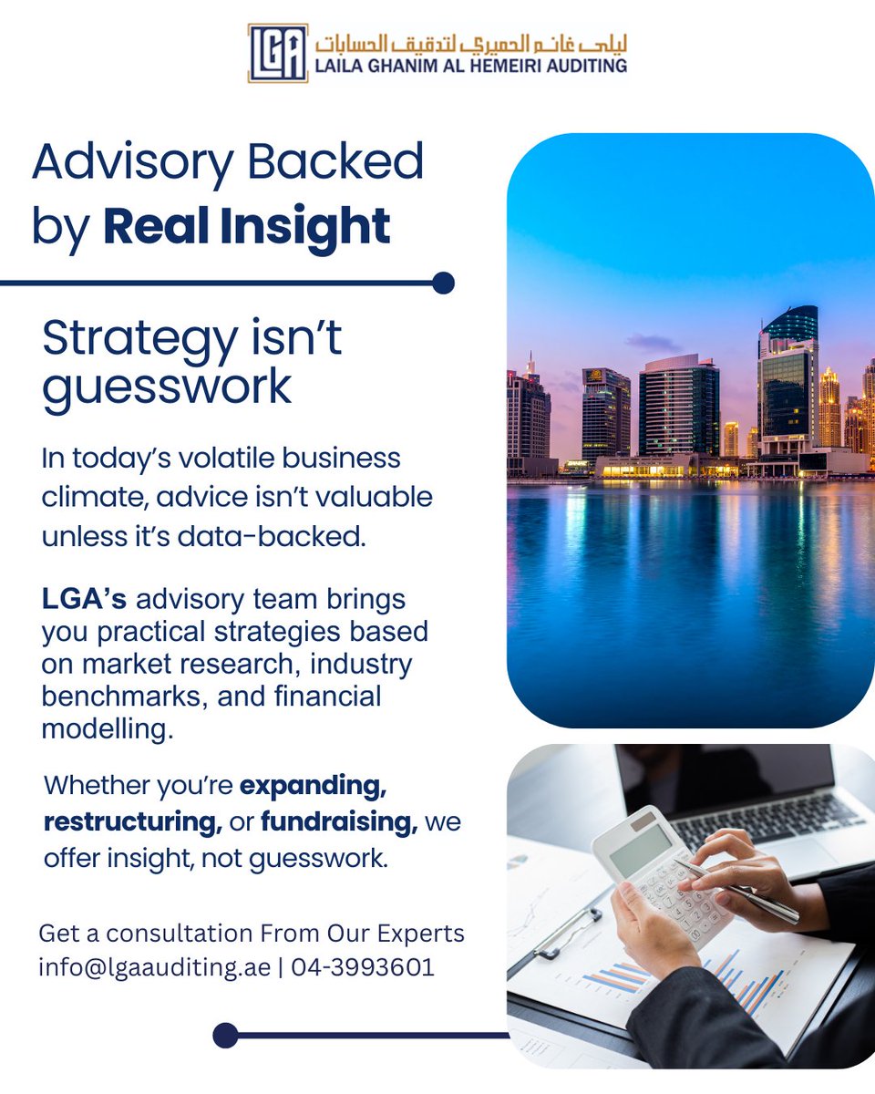 LGAAuditing's tweet image. 💡 Business advice without data = guesswork.
📊 At LGA, we give you insights that scale:
✔️ Market Research
✔️ Benchmarks
✔️ Financial Modelling

Expand or restructure—with strategy, not luck.
📩 info@lgaauditing.ae | #BusinessAdvisory #LGAUAE #StrategyNotGuesswork #UAEBusiness