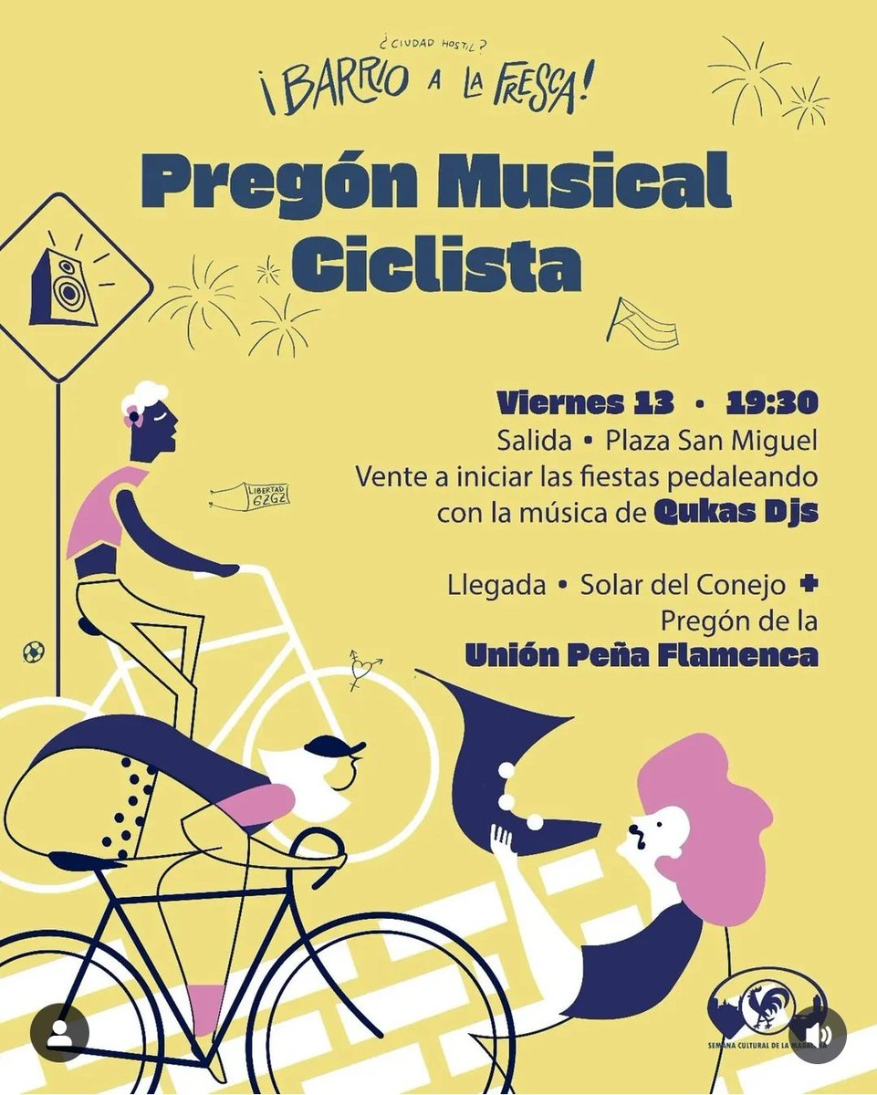 Colectivo Pedalea (@pedaleazaragoza) on Twitter photo Está tarde pregón musical ciclista: un paseo que da comienzo* a la Semana Cultural de la Madalena
scmadalena.com/programa-2025/
#alafresca #zaragoza
*Justo antes 18:30 en Plaza Asso: Corridas de pollos de <a href="/AC_Nogara/">Nogara Religada</a> Está tarde pregón musical ciclista: un paseo que da comienzo* a la Semana Cultural de la Madalena
scmadalena.com/programa-2025/
#alafresca #zaragoza
*Justo antes 18:30 en Plaza Asso: Corridas de pollos de <a href="/AC_Nogara/">Nogara Religada</a>