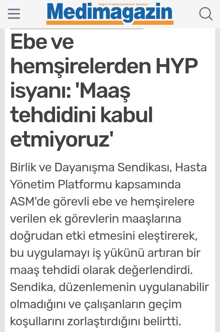 Sendikamız Genel Sekreteri <a href="/ayten_erdogmus/">aytn erdgmş</a> Medimagazin Gazetesi'nde çıkan haberde  “Yoksulluk sınırı ile açlık sınırı arasında geçim mücadelesi veren profesyonel meslek grubuna yapılan bu maaş tehdidini ve HYP baskısını kabul etmiyoruz. Emekliliğe yansıyan tek ödeme, gerçek bir