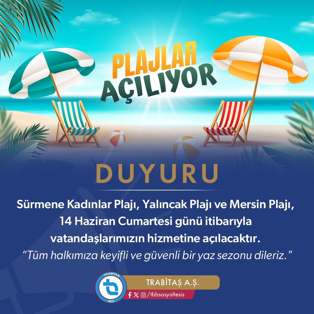 Sürmene Kadınlar Plajı, Yalıncak Plajı ve Mersin Plajı, 
14 Haziran Cumartesi günü itibarıyla vatandaşlarımızın hizmetine açılacaktır. 

“Tüm halkımıza keyifli ve güvenli bir yaz sezonu dileriz."

<a href="/TrabzonBelTr/">Trabzon Büyükşehir Belediyesi</a>