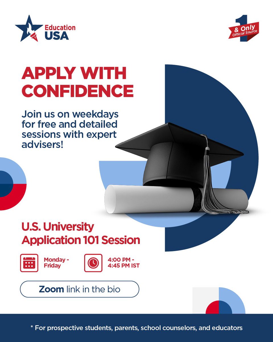 Dreaming of studying in the U.S.? 

Get expert guidance LIVE — from the comfort of your home! 

Join our free, virtual U.S. University Application 101 Sessions, held live every weekday, Monday to Friday from 4 PM- 4:45 PM IST! Hosted by EducationUSA - the official source on U.S.