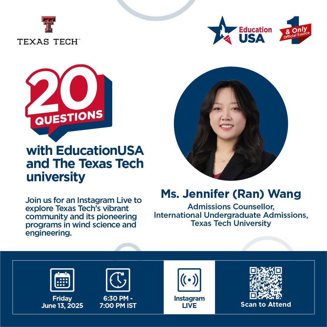 Join us this Friday, June 13, at 6:30 PM IST for an exclusive 20 Questions Instagram Live with Texas Tech University. 

Founded in 1923, Texas Tech is the only campus in Texas that is home to a major university, law school, and medical school. With 150 academic programs in 13