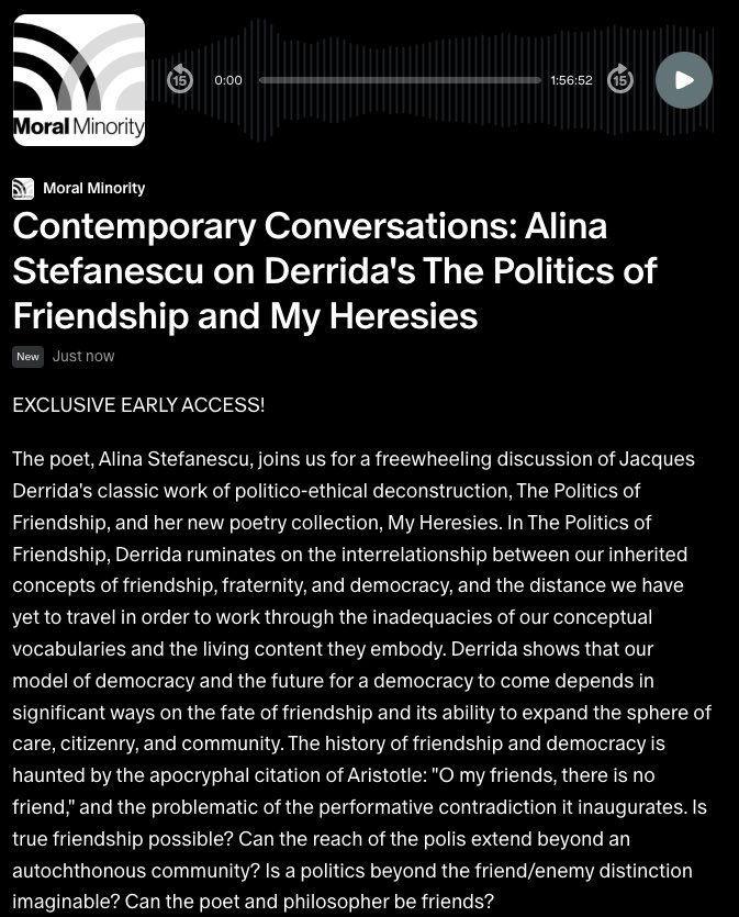 SatireRedacted's tweet image. Moral Minority’s discussion of Derrida’s The Politics of Friendshio with @aliner is now live for our generous paying subscribers on Patreon. Join us as we discover together whether virtuous friendship and democratic internationalism is still possible in a world gone mad.