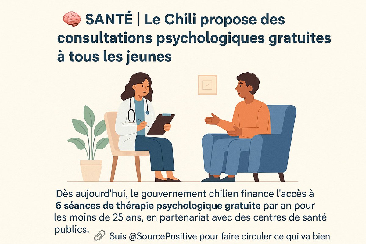 SourcePositive's tweet image. 🧠SANTÉ | Le Chili propose des consultations psychologiques gratuites à tous les jeunes.
#SantéMentale #Jeunesse #Prévention #Égalité #APduJour
