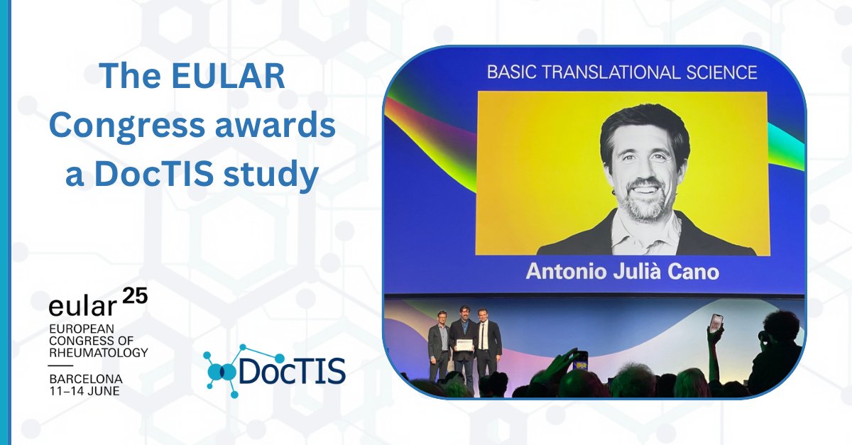 DoctisEU's tweet image. 🚨 #DocTISProject awarded at #EULAR2025!

🎉 Dr. @ToniJuliaC, from @VHIR_, received the “EULAR 2025 Abstract Award” at the #Rheumatology congress in Barcelona, hosted by @eular_org.

📣 Don&apos;t miss Toni presenting our award-winning study: doctis.eu/eular-congress…

#IMIDResearch