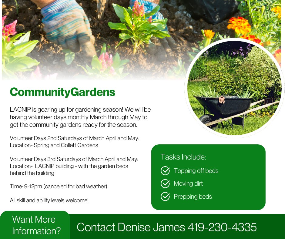 ACPublicHealth's tweet photo. LACNIP is gearing up for gardening season! We will be having volunteer days monthly March through May to get the community gardens ready for the season. 

Time: 9-12pm (canceled for bad weather)Want more info? Call Denise: 419-230-4335! https://t.co/yJX7o35nea