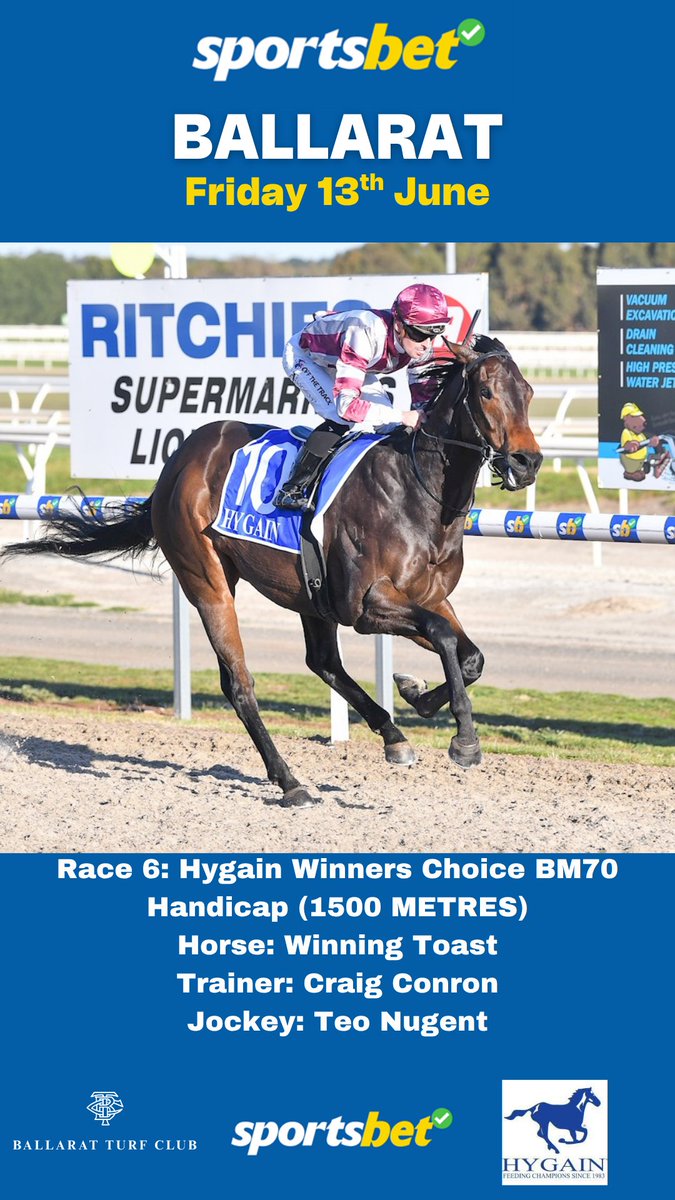 Race 6: Hygain Winners Choice BM70 Handicap 
(1500 METRES)
Horse: Winning Toast
Trainer: Craig Conron
Jockey: Teo Nugent