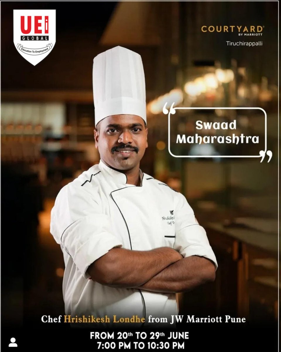 UEIGlobal's tweet image. 🌟 Proud moment for #UEIGlobal!
Hrishikesh Londhe (Batch 2016–19) represents Maharashtra’s rich culinary legacy at @CourtyardHotels! 🇮🇳👨‍🍳
Currently at JW Marriott Pune, his journey reflects true passion &amp;amp; excellence.

Congrats, Hrishikesh! 🙌
#CulinarySuccess #UEIAlumni