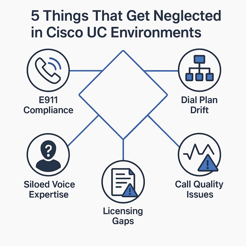 SolutionTrackCo's tweet image. Supporting aging Cisco UC (CUCM, Unity, CER, etc.) environments is a ticking clock for many orgs.

E911, license drift, and tribal knowledge gaps are real risks.

Here are 5 things we see neglected — until it’s too late:
👉 solutiontrackconsulting.com/solution-track…

#CiscoUC #E911