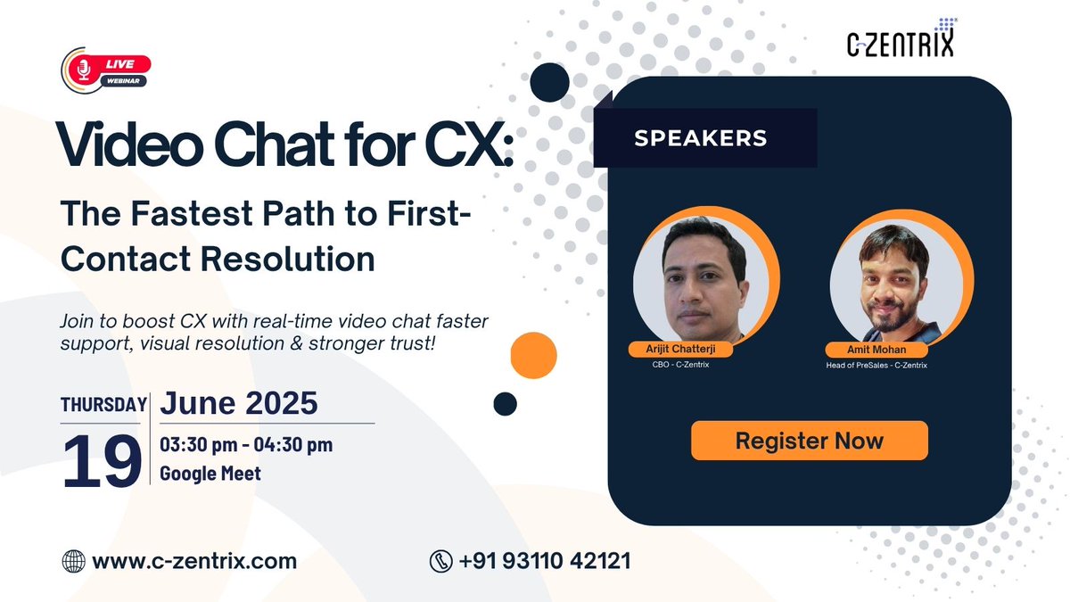 czentrix's tweet photo. 🚀 Transform CX with Video Chat! 🎥

Join our exclusive webinar on June 19, 3:30 PM IST to explore how real-time video boosts first-contact resolution &amp; trust.

🎟 Save your spot: https://t.co/XwiKVPyG81

#Webinar #VideoChat #CustomerExperience #CX #ContactCenter #VideoSupport https://t.co/z9qdTRJwGR