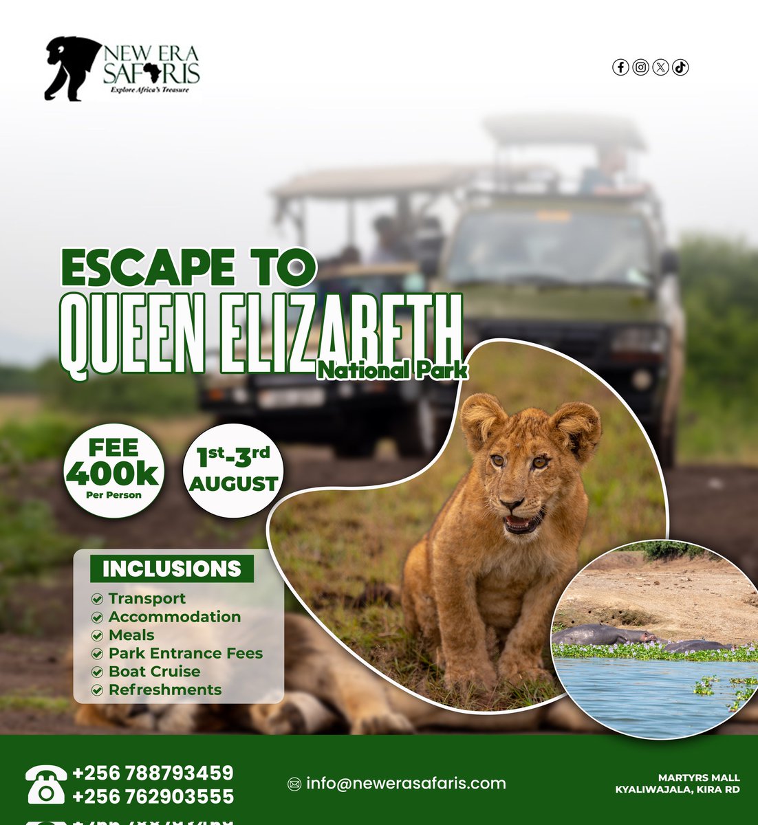 jerrick k (@derrickkoojo) on Twitter photo <a href="/wekesa_amos/">Amos Wekesa</a> <a href="/_GL_Collection/">The Great Lakes Collection</a> Escape the city and dive into the wild for 3 days and 2 nights Queen Elizabeth experience for only 400k per person. All with <a href="/new_era_safari/">New Era Safaris</a> where adventure is made affordable.
Contact: +256 746558929/+256 788793459
Email:info@newerasafaris.com
#ExploreUganda
#VisitUganda <a href="/wekesa_amos/">Amos Wekesa</a> <a href="/_GL_Collection/">The Great Lakes Collection</a> Escape the city and dive into the wild for 3 days and 2 nights Queen Elizabeth experience for only 400k per person. All with <a href="/new_era_safari/">New Era Safaris</a> where adventure is made affordable.
Contact: +256 746558929/+256 788793459
Email:info@newerasafaris.com
#ExploreUganda
#VisitUganda