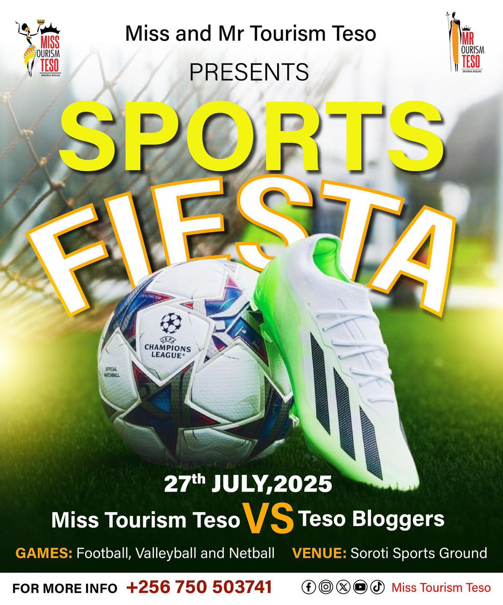 The energy is electric!  Sports Fiesta is here, and the excitement is palpable.  

Mark your calendars for July 27th.🗓️.A vibrant clash of champions!  Football, volleyball, and netball are on the menu for this epic day in Soroti City Sports Ground. 

🔥Miss Tourism Teso Vs Teso