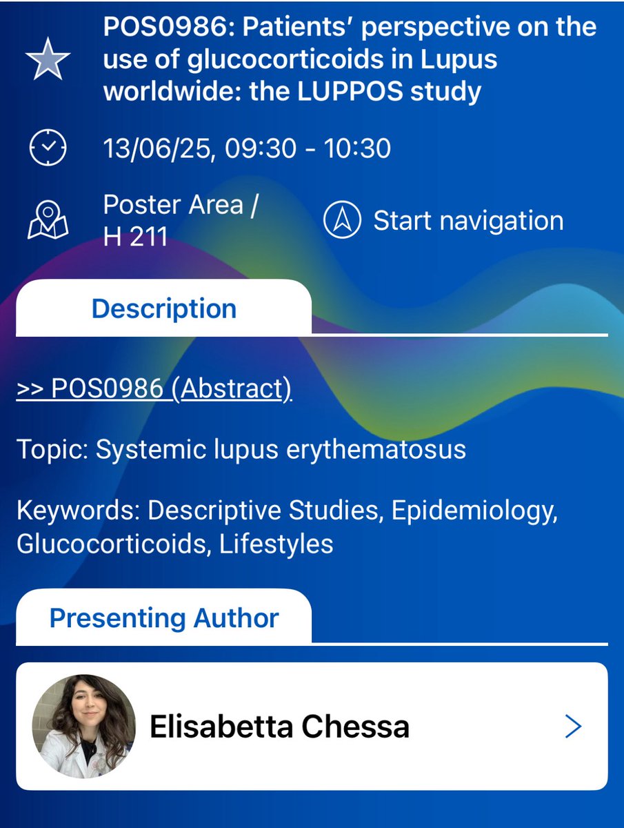 elisabetta chessa (@elis_chessa) on Twitter photo Bon dia #EULAR2025 , day3️⃣!
📝 Add a visit to the LUPPOS poster to your agenda!
I will present the first results of our survey on #steroid use in #SLE from the perspective of #patients, in collaboration with <a href="/LupusEurope/">Lupus Europe</a>. 💊🦋
PS The survey is still open 😏 Bon dia #EULAR2025 , day3️⃣!
📝 Add a visit to the LUPPOS poster to your agenda!
I will present the first results of our survey on #steroid use in #SLE from the perspective of #patients, in collaboration with <a href="/LupusEurope/">Lupus Europe</a>. 💊🦋
PS The survey is still open 😏