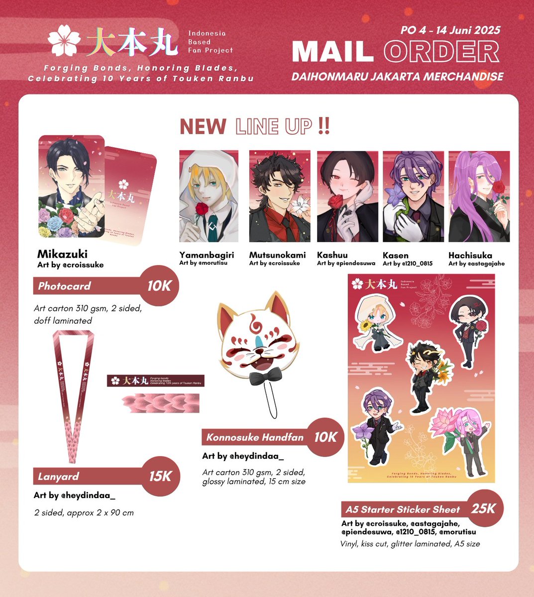 inasaniwa's tweet image. [UPDATE!]
🌸 PO MAIL ORDER #DAIHONMARUJAKARTA2025 SPECIAL MERCH 📣

Halo, saniwa-tachi 🙌
Siapa nih yang kemarin tertarik sama merch gathering Jakarta? 👀

Kami membuka PO Mail Order untuk produk berikut⬇️

🗓 Periode: 4 Juni - 17 Juni 2025
📦 Form: forms.gle/k9qtUpLQpVW8L9…
