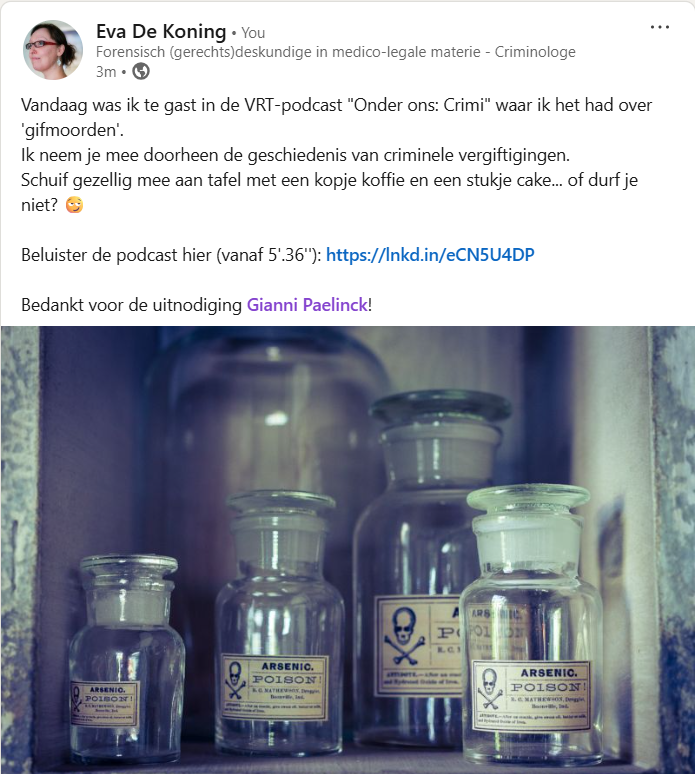 Vandaag was ik te gast in de VRT-podcast "Onder ons: Crimi" waar ik het had over 'gifmoorden'. 

Schuif gezellig mee aan tafel met een kopje koffie en een stukje cake... of durf je niet? 😏 

Beluister de podcast hier (vanaf 5'.36''): youtu.be/s01QR5IKERM?si… 
#Forensics #Gifmoord