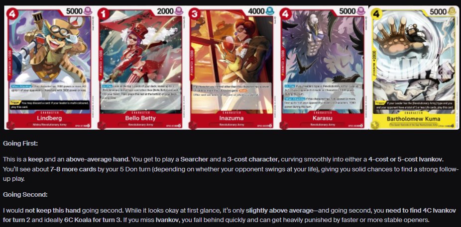 OCE has some of the best TCG players I have met, so we need more OPTCG content!

I’m challenging <a href="/Skwigglee/">Elliot Charters</a> (or anyone interested) to pick a random hand and matchup and explain the mulligan. Why keep? Why toss?

Here’s an example from my Belo Guide to show how I think about it.