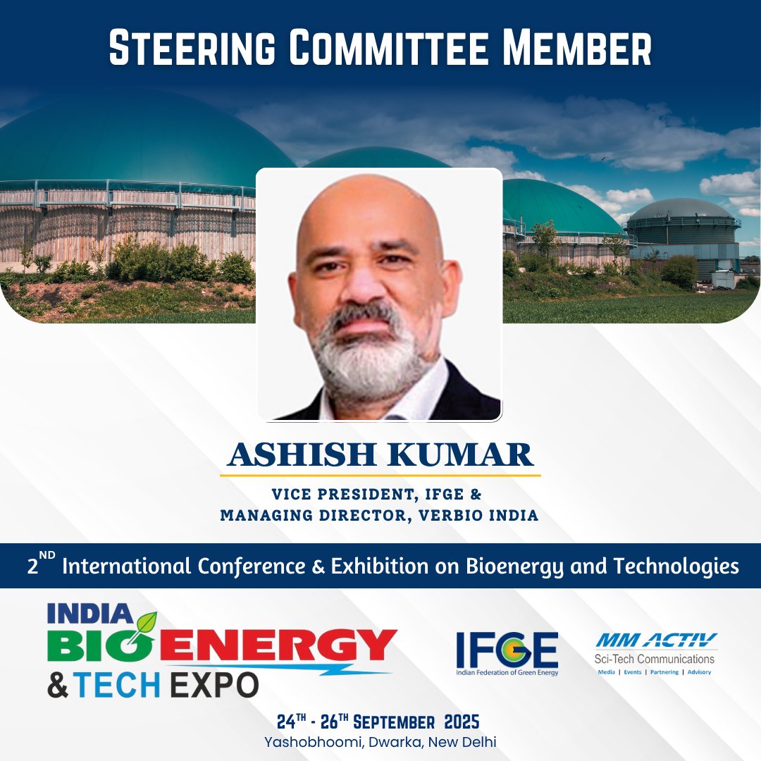 Meet our #Changemaker Steering Committee Member for #IBETExpo2025 — Ashish Kumar, VP, IFGE &amp; MD, Verbio India! A visionary leader in the #Bioenergy space, driving innovation for a greener future.
📅 Sept 24–26 | 📍New Delhi
🔗 ibetexpo.com
#GreenFutureNow #SmartEnergy