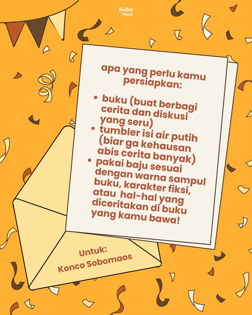 sobomaos's tweet photo. 🎊 [UNDANGAN] 🎊
Untuk: Konco Sobomaos

Hai Konco-konco Sobomaos mari merayakan dua tahun perjalanan Sobomaos di agenda Baca Bareng ke-41 &amp; Spesial Ulang Tahun Sobomaos! 🥳

📅 Sabtu, 14 Juni 2025
🕒 15.00-17.30 WIB
📍 Griya Solopos https://t.co/3WthOFxcTP