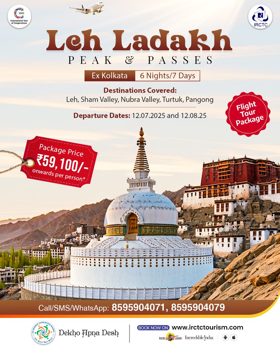 IRCTCofficial's tweet image. Capture nature's beauty of Leh Ladakh with IRCTC's all-inclusive 6N/7D package covering Leh, Sham Valley, Nubra Valley, Turtuk, and Pangong. Hurry! Book Now.
irctctourism.com/pacakage_descr…

(packageCode=EHA042E)

#IRCTCTourism #TravelWithIRCTC #VisitLadakh #LadakhTourism