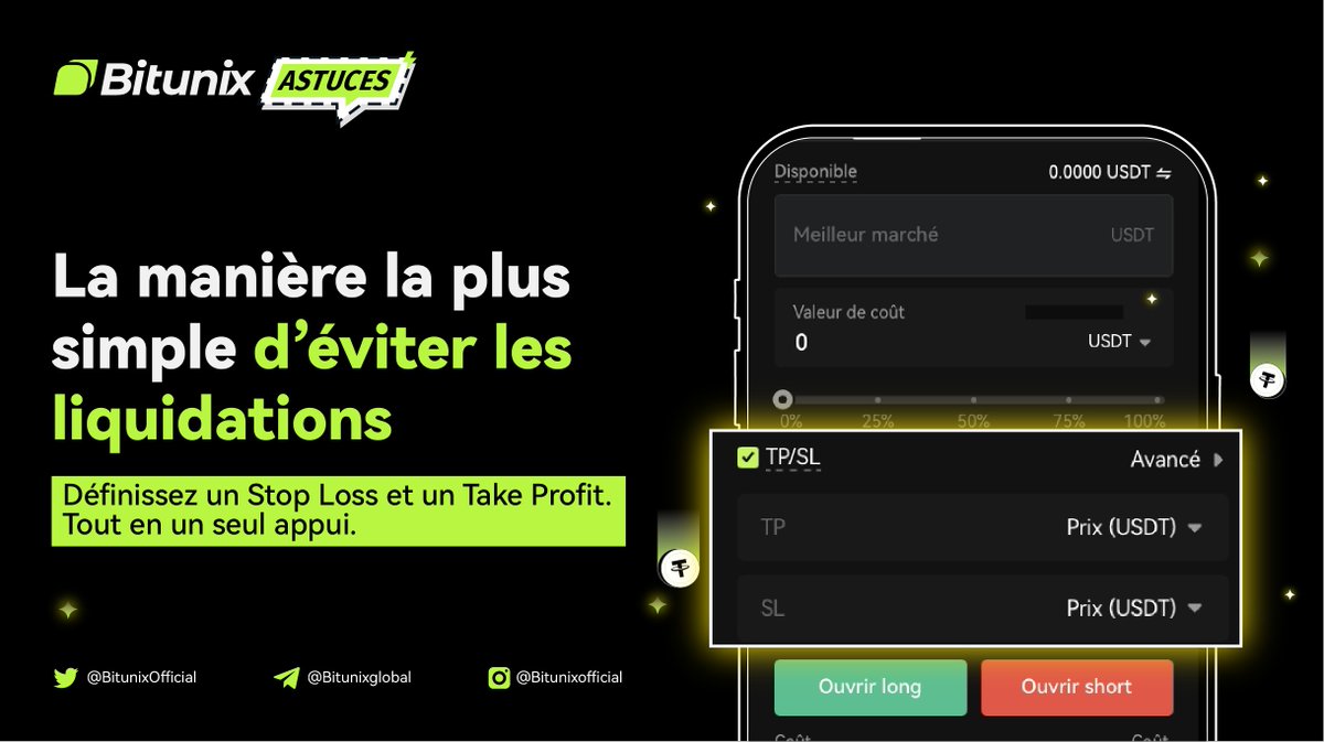 BitunixFR's tweet image. Ne laissez pas le marché décider de votre sort !
Définissez votre Stop Loss 🛑 et votre Take Profit 💰 en un seul clic, directement depuis votre configuration de trade.
Gardez le contrôle avec Bitunix.
#BitunixHacks #Crypto