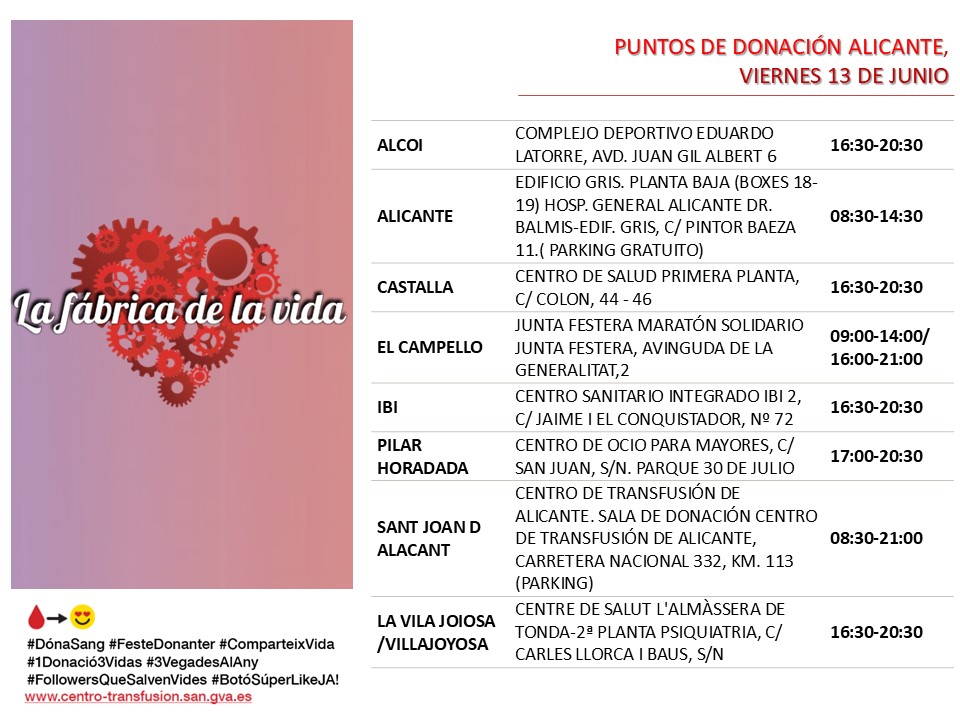 Puntos de donación #Alicante
📅viernes #13Junio

Semana del Donante de Sangre
Dona sangre, dona esperanza: juntos salvamos vidas ❤️