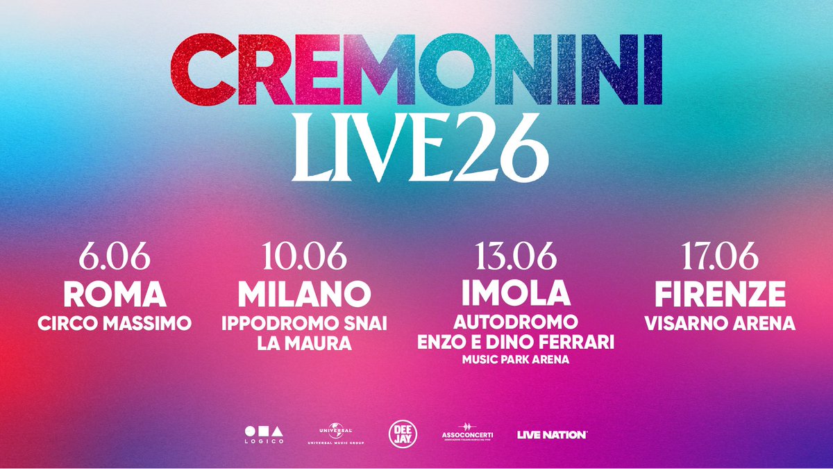 Live Nation Italia (@livenationit) on Twitter photo Mancano pochi giorni alla partenza di un tour con tredici stadi sold out da mesi, ma l’incredibile spettacolo di <a href="/CremoniniCesare/">Cesare Cremonini</a> non si ferma quest’anno!
#CremoniniLIVE26 🌈
Info su livenation.it/cremonini Mancano pochi giorni alla partenza di un tour con tredici stadi sold out da mesi, ma l’incredibile spettacolo di <a href="/CremoniniCesare/">Cesare Cremonini</a> non si ferma quest’anno!
#CremoniniLIVE26 🌈
Info su livenation.it/cremonini