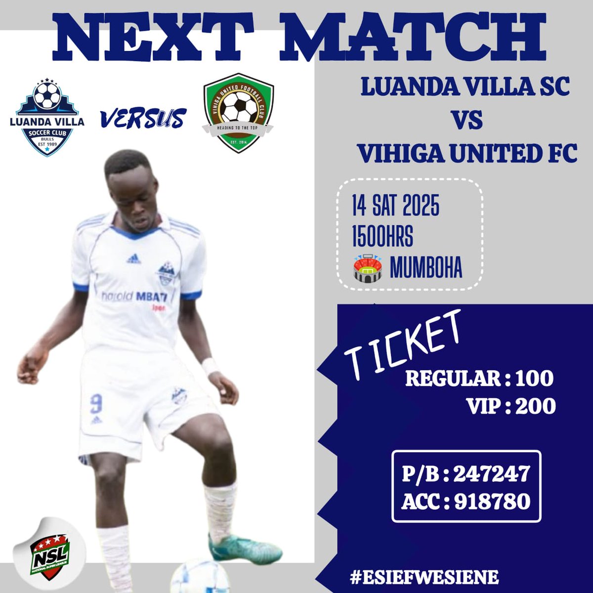 LuandaVilla254's tweet photo. 📣 Derby Day &amp; Final Home Game Alert! ⚽

Tomorrow’s Vihiga county derby isn’t just about local pride , it’s also our final home game of the season! 

#EsiefweSiene
#TheVillageBoys
#PamojaTwaweza
#Villa@♥️
#VillaNi1 https://t.co/V3WunFTTdo