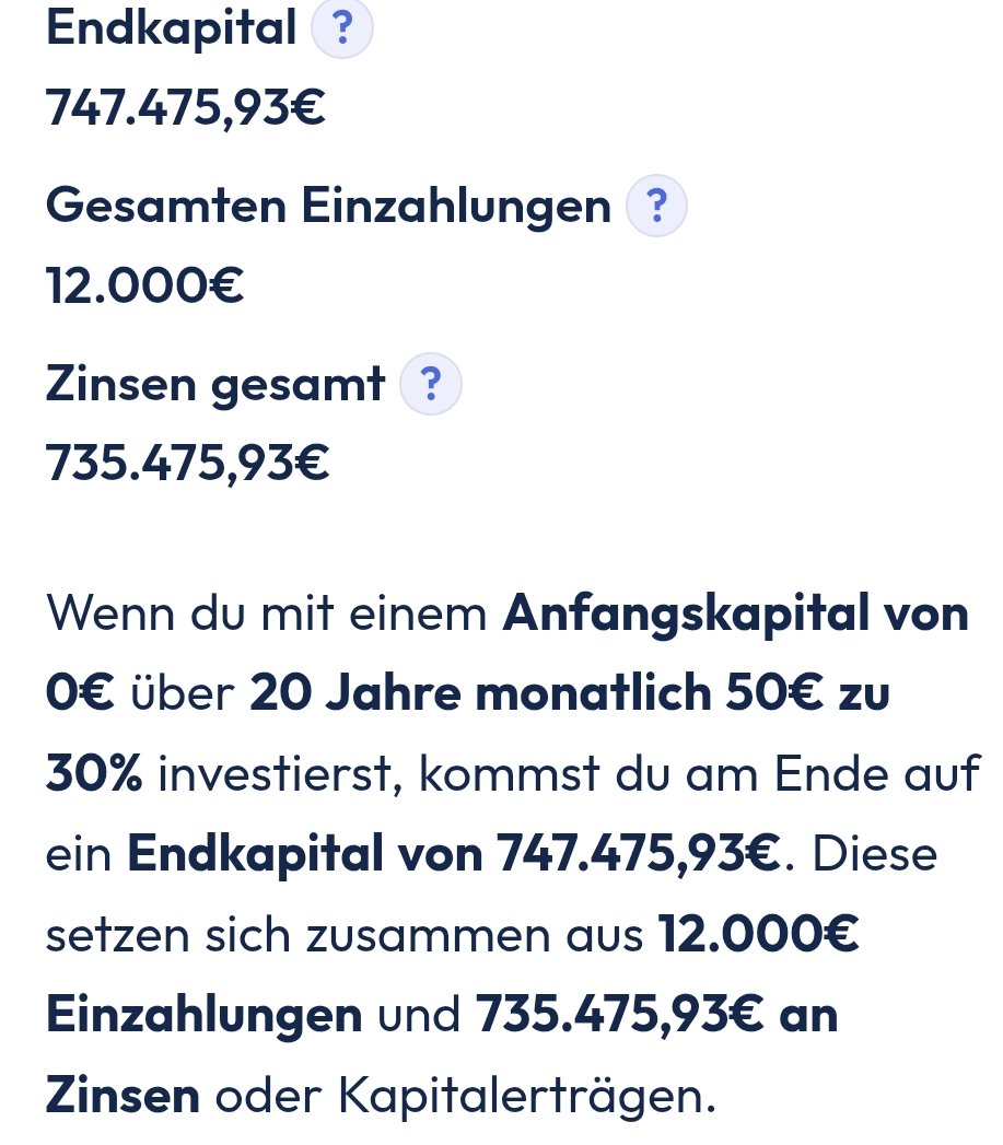 Techaktien1's tweet photo. Michael Saylor / Matrosen-Michi geht von einer jährl. durchschnittl. Bitcoin-Performance von 30% die nächsten 20 Jahre aus. Aus einem monatl. Sparplan von 50€ / Monat würde dann 747.000€ werden. 150€ / Monat > 2,2 Mio. €
500€ / Monat > 7,5 Mio. €
1.500€ / Monat > 22,4 Mio. €
$MSTR $BTC #Finx #Bitcoin