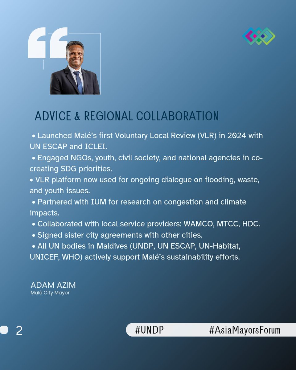 UNDP Asia Mayors Forum Fireside Chat: Mayor <a href="/adamazim/">Mayor of Male’ City - Adam Azim</a> 's Dialogue on Sustainable Urban Development.

Advice &amp; Regional Collabration.
 #SustainableCities #UNDP #AsiaMayorsForum
1/3