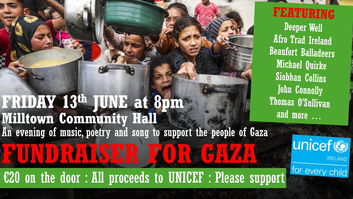 Dr. Owen O'Shea (@owenoshea) on Twitter photo Rehearsals last night for "Milltown for Gaza" concert TONIGHT at Milltown Community Hall 8pm 🎶🎸
Promises to be a very special occasion with incredibly talented performers sharing their solidarity with the people of #Gaza.
€20 on the door with all proceeds to <a href="/unicefireland/">UNICEF Ireland</a> Rehearsals last night for "Milltown for Gaza" concert TONIGHT at Milltown Community Hall 8pm 🎶🎸
Promises to be a very special occasion with incredibly talented performers sharing their solidarity with the people of #Gaza.
€20 on the door with all proceeds to <a href="/unicefireland/">UNICEF Ireland</a>